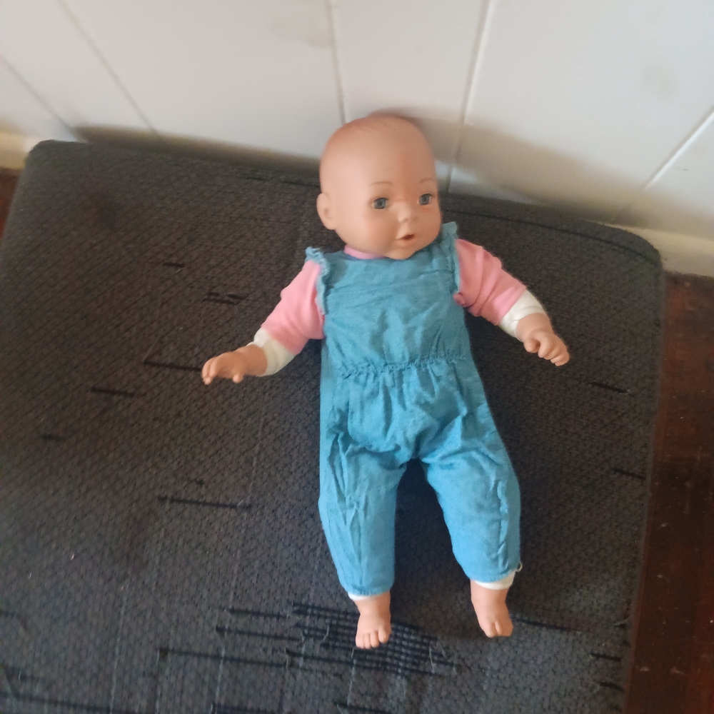 Blue Overalls Pink-Sleeve Baby Doll
